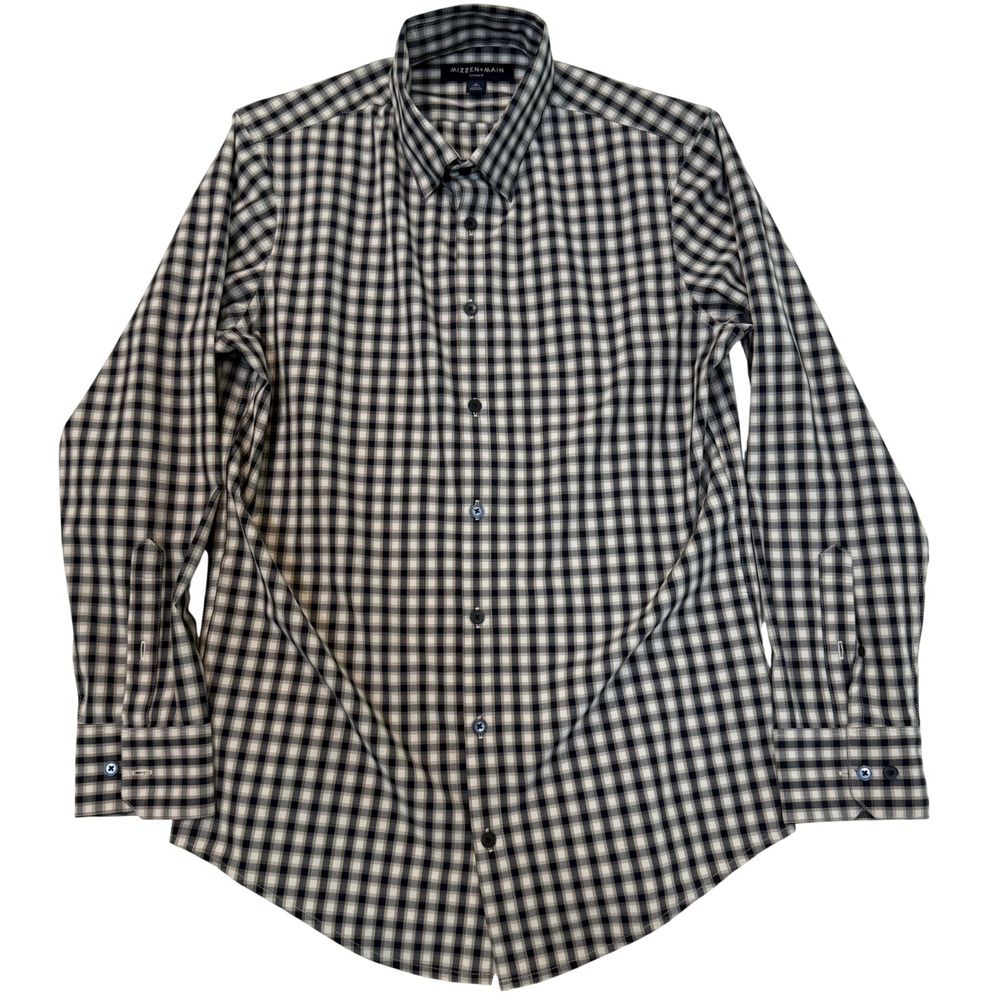 Mizzen+Main Leeward Trim Fit Dress Shirt Mens M Navy Tan Gingham Check Stretch